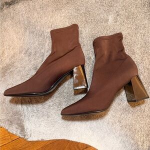 New!! Brown Stretch Sock Booties with Block Heel